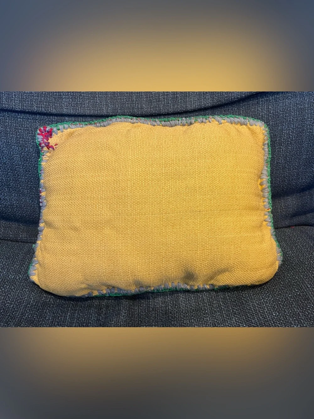 Handmade Embroidered Floral Pillow – Green Border – Boho Textile Art